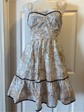 Hot Topic Map Print Vintage Atlas Swing Dress Lace Trim, Sz S